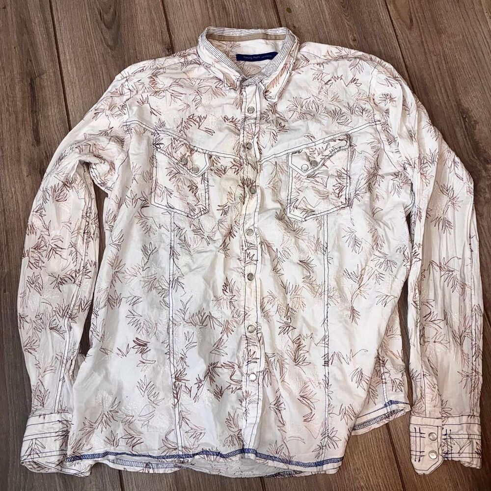 Womens Georg Roth cream/brown button-up shirt with brown leaf pattern (XXL)